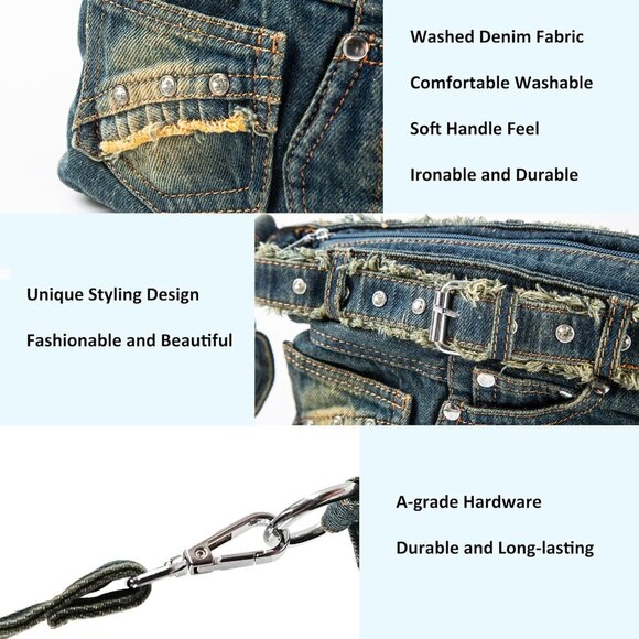 Denim Purse with Rhinestones Crossbody Shoulder Bag Bling Small Jean Purses for - Picture 6 of 7